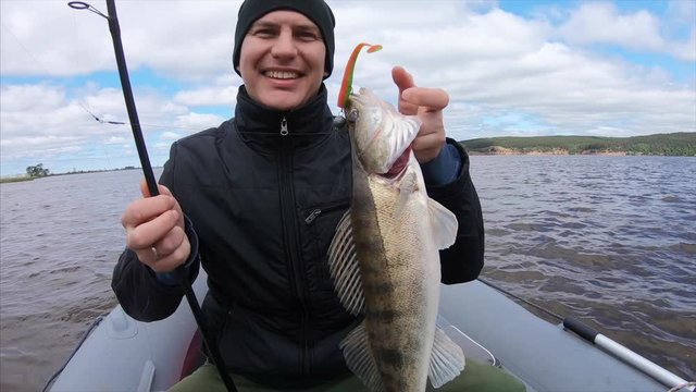 Amateur fisherman shows the fresh caught fish (Zander or Sander lucioperca) and smiles being in the boat