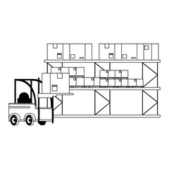 Warehouse and shipping forklift with cargo in black and white