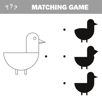 Vector illustration of educational shadow matching game with cartoon bird character for children
