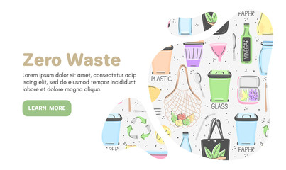 Vector background with zero waste objects. Hand drawn flat style. Eco lifestyle. Save planet. Care of nature. Online store. Landing page te mplate, mailing, advertising, header, banner, label. Eps10