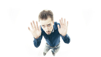 Top view of man afraid on white background