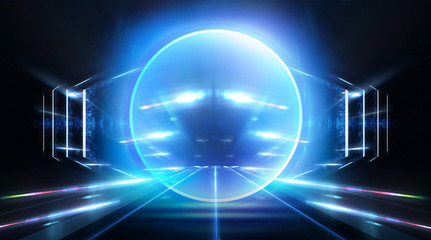 Neon circle, wet asphalt, reflection. Neon circle with the center of a dark empty scene with spotlights. Abstract light. Lights of the night city, abstract light