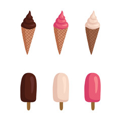 vector set of ice cream illustrations: fruit ice, sugar cone, soft. Bright summer illustration in the style of hand-drawn flat.