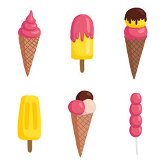vector set of ice cream illustrations: fruit ice, sugar cone, soft. Bright summer illustration in the style of hand-drawn flat.