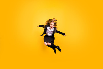 Fototapeta na wymiar Full body photo of funny funky child laughing have free time isolated over yellow background