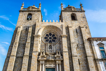 Front view of Se Cathedral in Porto city, Portugal
