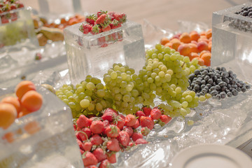 Beautiful Catering Service of Organic Natural Fresh Fruits laid out on the Ice for the Celebration of the event, wedding