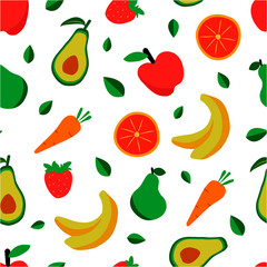 Seamless background with various tropical fruits on white. Vector fruit pattern. - Vector