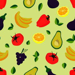 Seamless background with various tropical fruits on white. Vector fruit pattern. - Vector