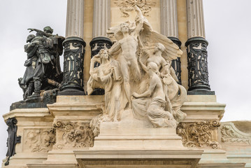 Pedestal details of statue of king Alfonso XII of Spain in Buen Retiro park, commonly known as El Retiro in Madrid, capital city of Spain