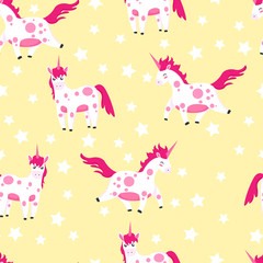 Unicorn with stars on yellow background hand draw colorful seamless pattern. Repeater background in childish cartoons style. Doodle fond with horses for gift wrap, paper and fabric