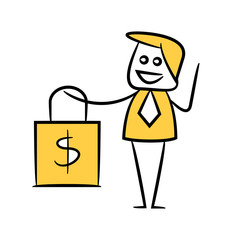 businessman holding shopping bag yellow stick figure theme