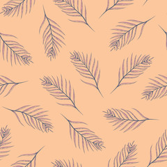 Vector Tropical Palm Leaves on Orange seamless pattern background.