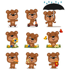 Set of funny Teddy bear in cartoon style riding, on a summer meadow, with fast food isolated on white background