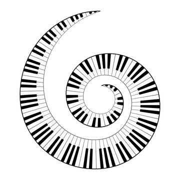 Musical keyboard spiral, constructed from octave patterns, black and white piano keyboard keys, shaped into repeated motif. Illustration. Vector.