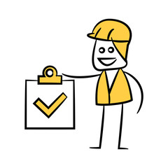engineer showing clipboard with check mark yellow doodle and stick figure design