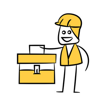engineer holding toolbox yellow doodle design