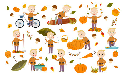 Set skinny blond boy in an autumn jacket plays with leaves, launches a paper boat, rides a bicycle, carries pumpkins and has fun in the fall. Cute Vector Illustration