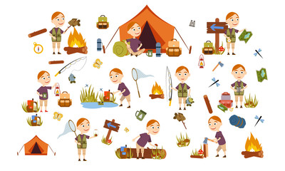 Fototapeta premium Set red-haired boy tourist on nature. Camping. Overnight, overnight in a tent, picking mushrooms, fun and relaxation. Children's camp. Scouts. Cute Vector Illustration