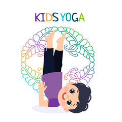Kid Yoga Design Concept. Boy In Yoga Position Vector Illustration. Happy Cartoon Children Practicing Yoga. Flat Kid Yoga Logo On White Background.
