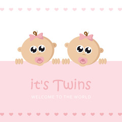 its twins girl welcome greeting card for childbirth with baby face vector illustration EPS10