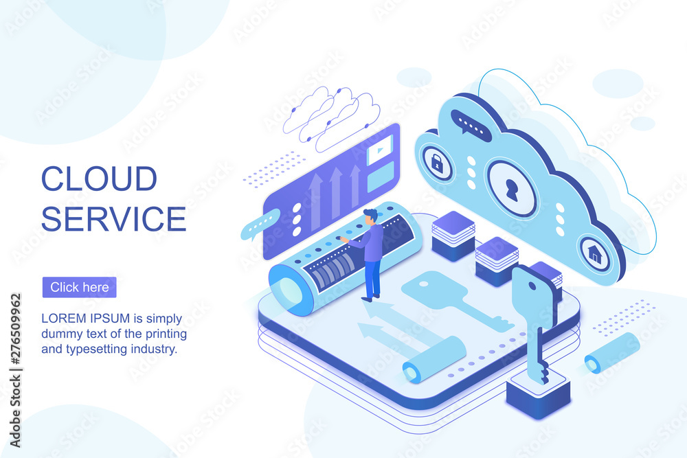 Poster Cloud service landing page isometric vector template. Programmer synchronizing personal information. Database storage, data encryption and protection. Cloud computing website homepage layout.