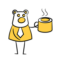 bear businessman holding coffee cup yellow stick figure character theme