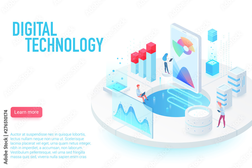 Aufkleber Digital and Internet technology landing page isometric vector template. App interface and web development 3d web banner concept. Software programming, optimization and testing.