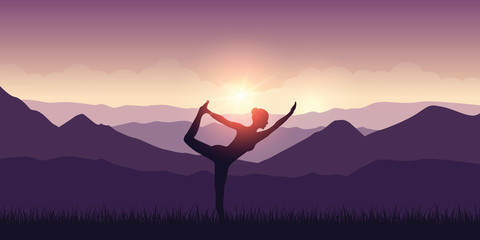 girl makes yoga with mountain view purple landscape and sunshine vector illustration EPS10