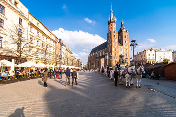 Fototapeta premium Krakow, Poland - April, 2019: Two Horses In Old-fashioned Coach At Old Town Square In Cloudy Summer Day. St. Mary's Basilica Famous Landmark On Background. Church of Our Lady Assumed into Heaven.
