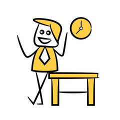 businessman standing next to table and clock yellow stick figure theme