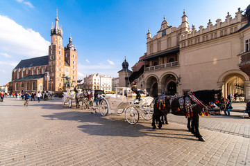 Obraz premium Kraków, Polska - kwiecień 2019: dwa konie w staromodnym powozie na Rynku Starego Miasta w pochmurny letni dzień. Bazylika Mariacka Słynny Punkt Orientacyjny Na Tle. Kościół Matki Bożej Wniebowziętej.