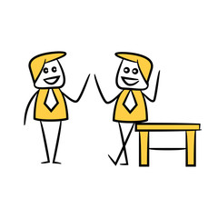 businessman talking with colleague yellow stick figure theme