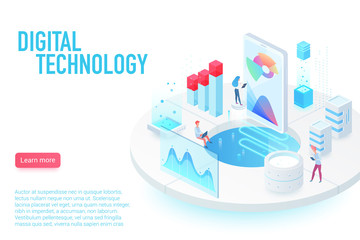 Obraz premium Digital and Internet technology landing page isometric vector template. App interface and web development 3d web banner concept. Software programming, optimization and testing.