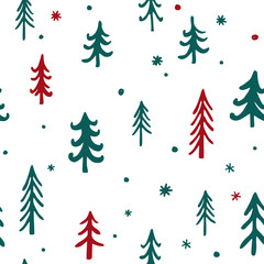 Obraz premium Vector seamless pattern Christmas trees pattern. Red and green doodle trees and snowflakes on white. Scandinavian Christmas background. Fabric, paper, card, web banner, invitation