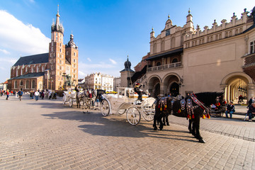 Fototapeta premium Kraków, Polska - kwiecień 2019: dwa konie w staromodnym powozie na Rynku Starego Miasta w pochmurny letni dzień. Bazylika Mariacka Słynny Punkt Orientacyjny Na Tle. Kościół Matki Bożej Wniebowziętej.