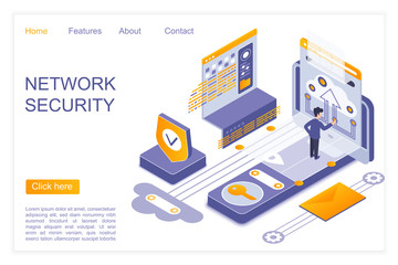 Network security landing page isometric vector template. Data encryption, personal information protection service web banner 3d concept. Computer anti virus system website homepage layout