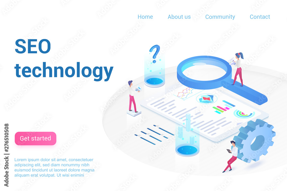 Poster SEO technology landing page isometric vector template. Analysts team analyzing statistics, marketers making research. 3d web banner concept. Data analysis, business analytics website homepage layout