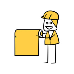 engineer or service man holding paper roll in yellow theme