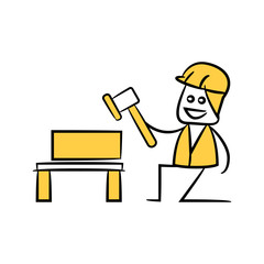 carpenter or service man holding hammer in yellow theme