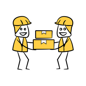 engineer or service man holding boxes in yellow theme