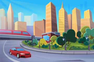 Modern highway, cityscape flat vector illustration. Cartoon passenger speed train and car on motorway. Apartment buildings, skyscrapers and urban park landscape. Railway station in suburbs drawing