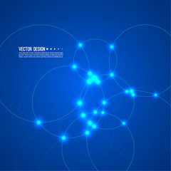 Vector abstract background with overlapping circles and dots. High tech design. Round banner with empty space for text. Node molecule structure. Science and connection concept.