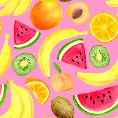Watercolor tropical fruits seamless pattern. Hand drawn banana, kiwi slice, peach, watermelon, orange isolated on pink background for food package design, textile, print, cover, wrapping, cards.
