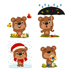 Set of funny bear in cartoon style isolated on white background in different seasons - summer, autumn, winter, spring