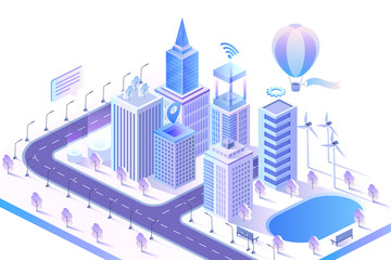 Obraz premium Modern smart city isometric vector illustration. Intelligent AI skyscrapers buildings. Computer network, internet of things concept. Data center, server and matrix crypto blockchain.
