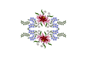   White background with embroidered floral pattern of red and pink petals on big flowers and small blue flowers on twisted branches with leaves