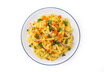 pasta fusilli with vegetable in Herb sauce on white background