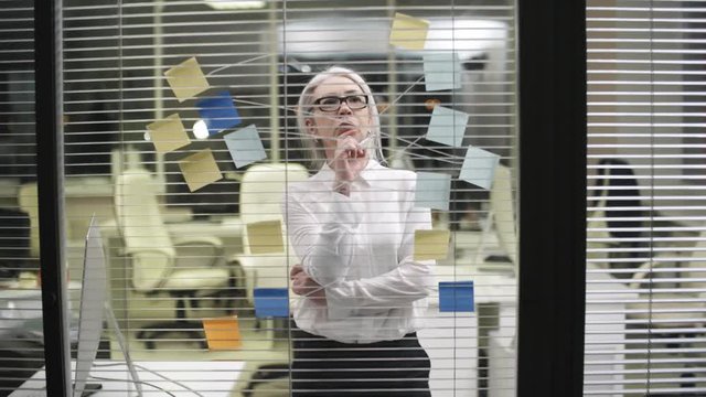 Thigh-up shot of formally dressed Caucasian female employee with grey hair and glasses standing in front of glass partition and working at structural diagram, drawing marker lines between sticky notes