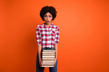 Portrait of nice cute attractive smart clever intelligent wavy-haired lady wearing checked shirt...